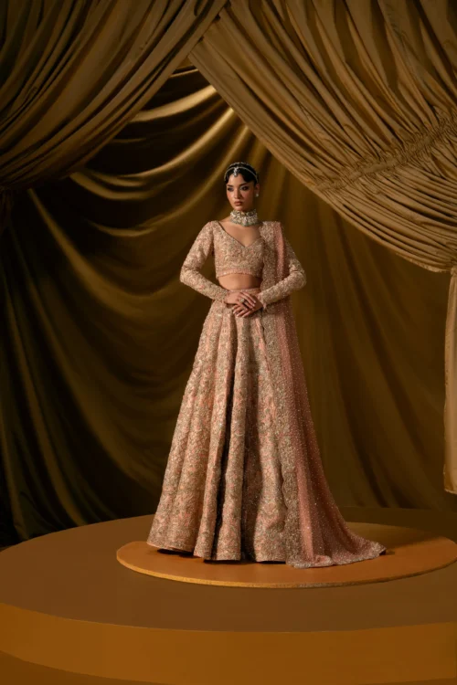 pink lehenga bridal full silhouette blush peach net Resham Master Artisan Hammad Bespoke Official