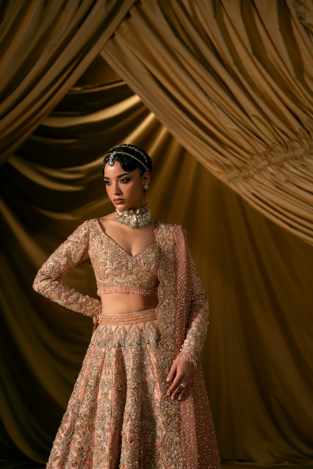 pink bridal lehenga front view blush peach Zardozi floral embellishment Hammad Bespoke Official