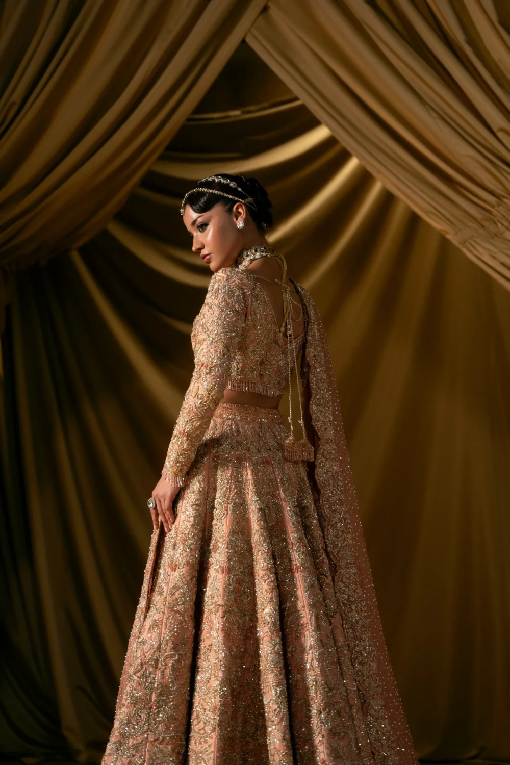 pink lehenga bridal open back choli tassel ties blush peach Hammad Bespoke Official