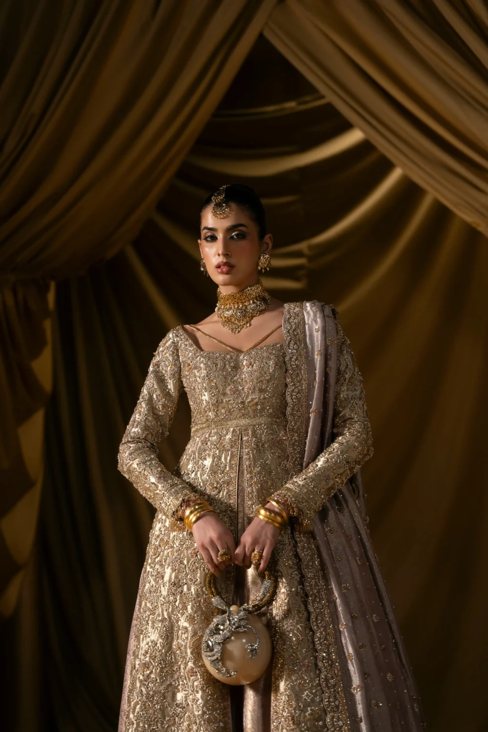 gold lehenga for wedding champagne anarkali front view Zardozi barat Hammad Bespoke Official