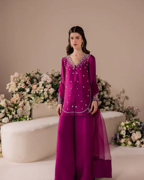 silk suit pakistani three-quarter view shesha silk sequin florals polychrome cuff resham Multan