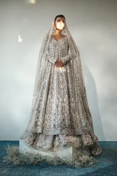 grey lehenga full length tulle peshwas brocade skirt walima bridal Hammad Bespoke Official