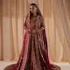 Dark red bridal lehenga Pakistani angrakha overlay with heavy Tilla border and mirror work — HBO Multan Atelier