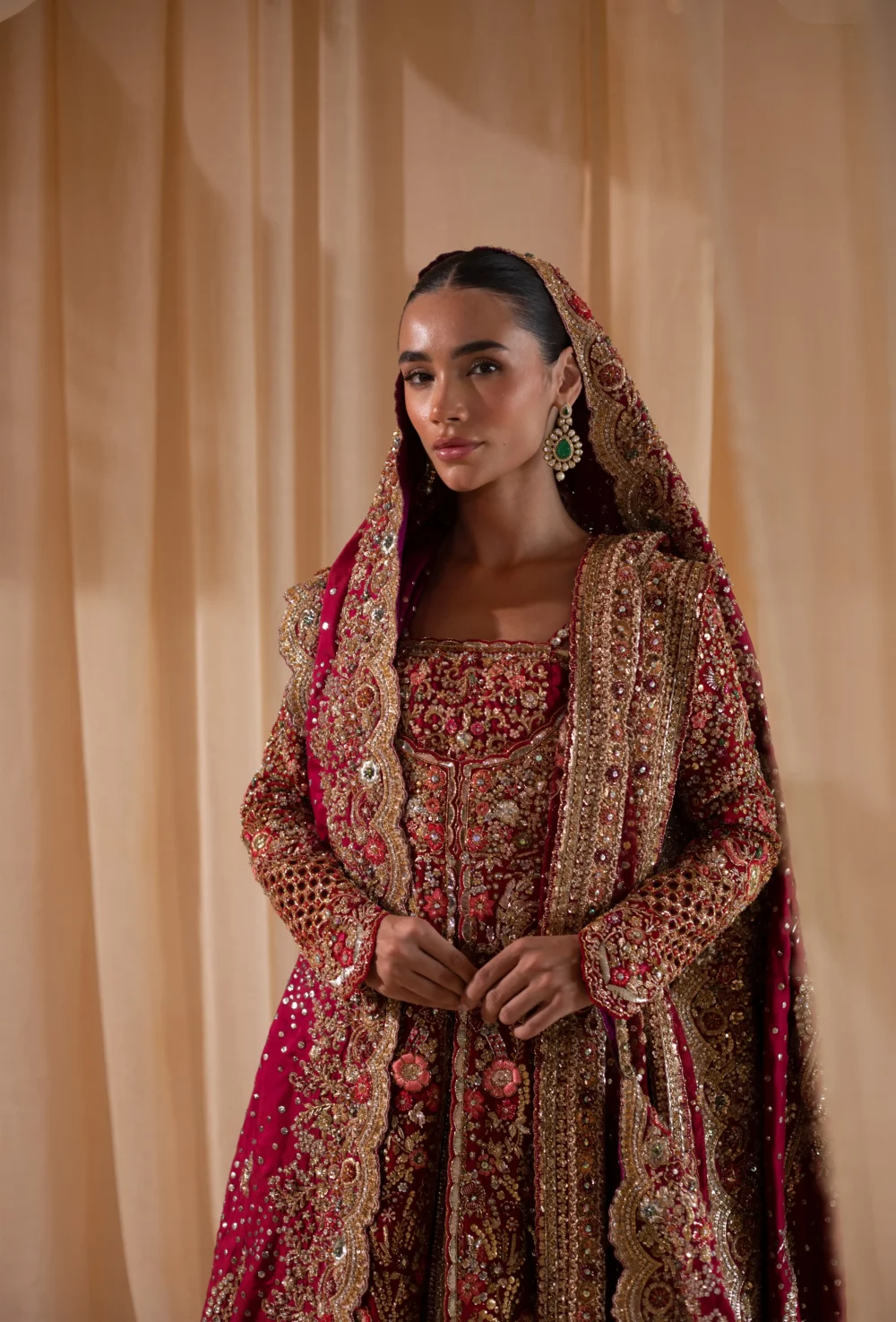 Red bridal lehenga choli Pakistani with Zardozi jaali cuff and Nakshi floral bodice — Hammad Bespoke Official