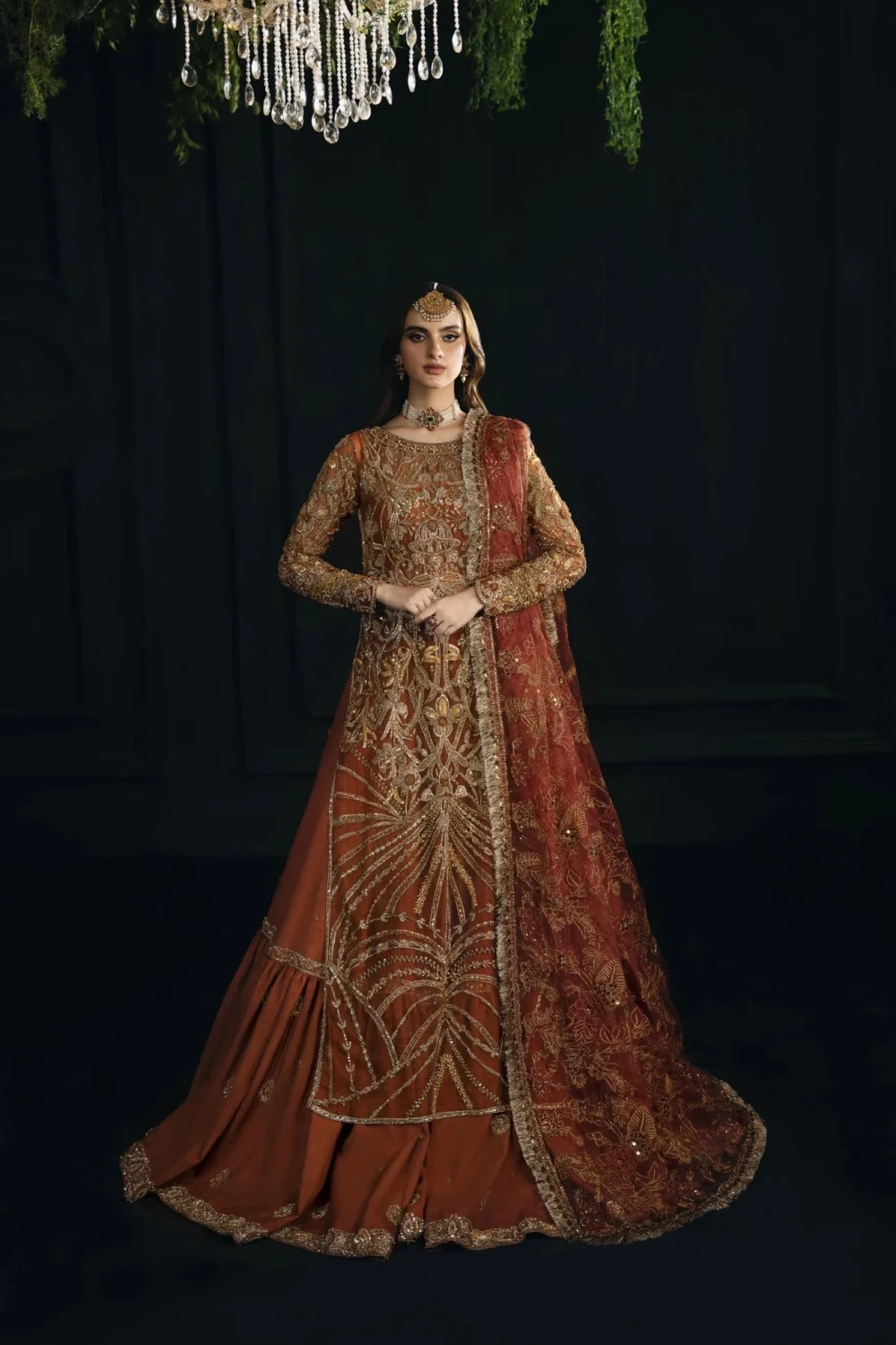 Orange lehenga for wedding — rust farshi with embroidered dupatta, Zardozi Dabka handwork, Hammad Bespoke Official Atelier