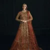 Orange lehenga for wedding — rust farshi with embroidered dupatta, Zardozi Dabka handwork, Hammad Bespoke Official Atelier