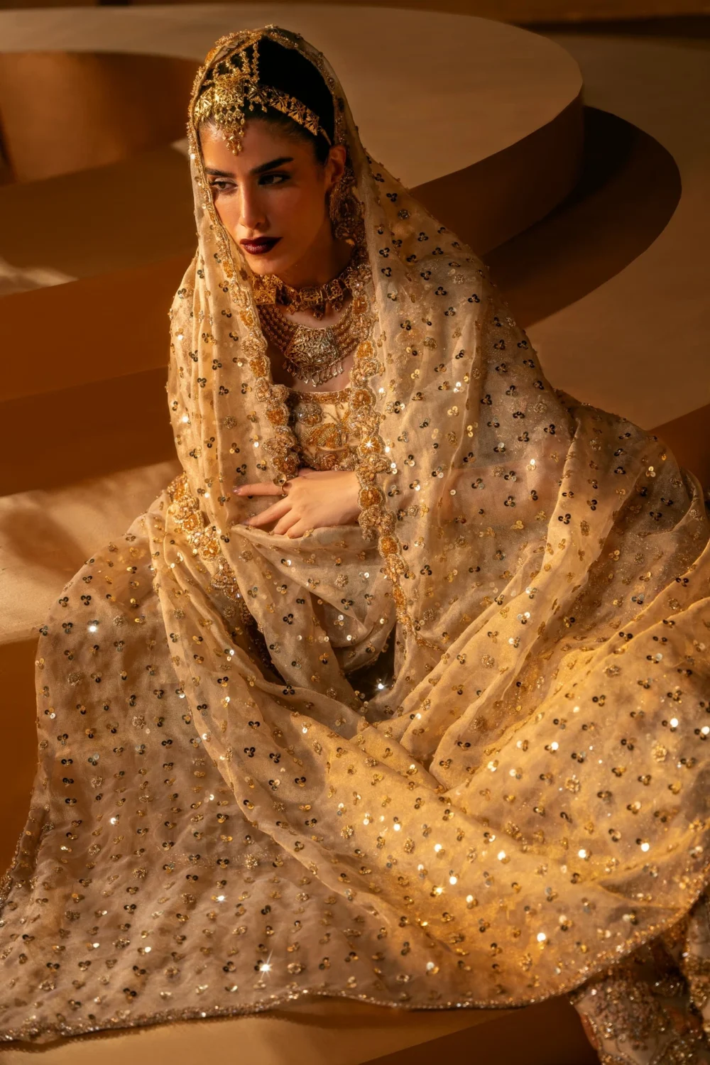 champagne net dupatta gold wedding lehenga Sheesha scatter bridal veil Hammad Bespoke Official