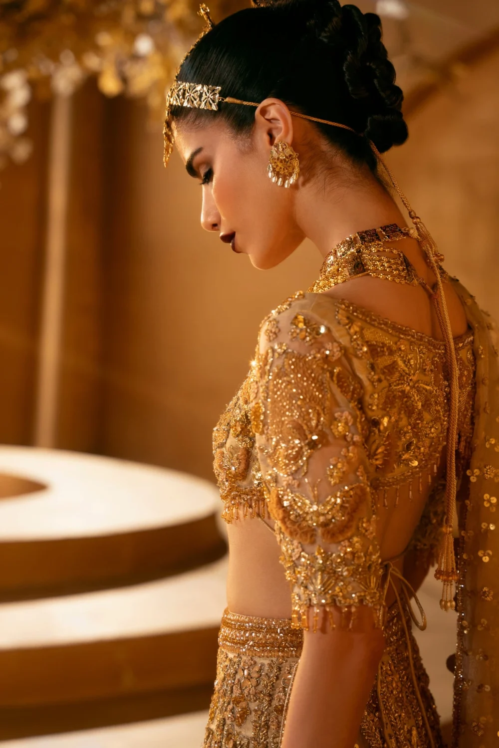 champagne gold wedding lehenga choli open back Zardozi Dabka detail Master Artisan Hammad Bespoke Official