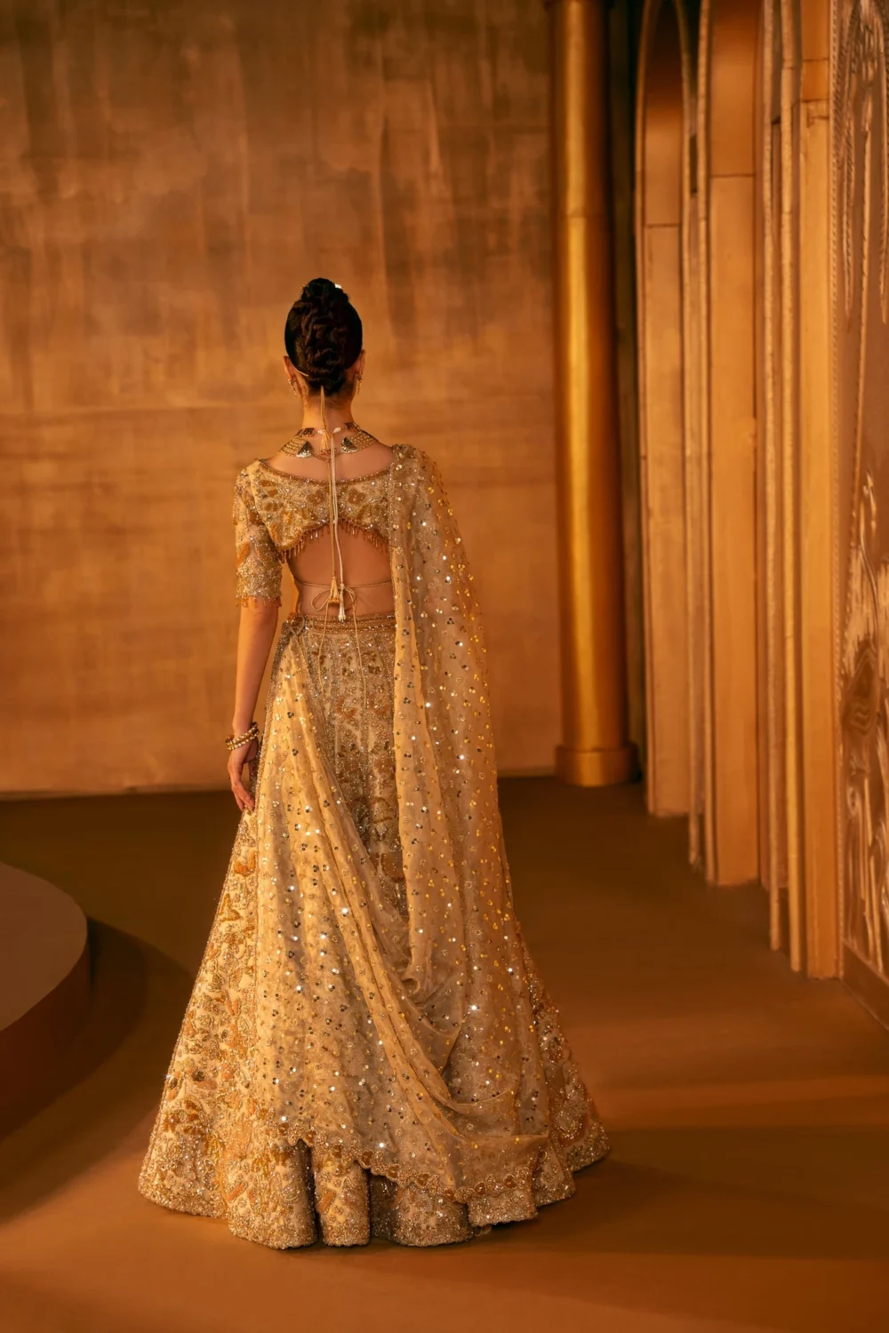 champagne gold wedding lehenga back view farshi skirt Zardozi Sheesha embroidery Hammad Bespoke Official
