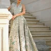 halter neck bridal dress deep V neckline tissue brocade zardozi resham emerald sapphire Hammad Bespoke Official