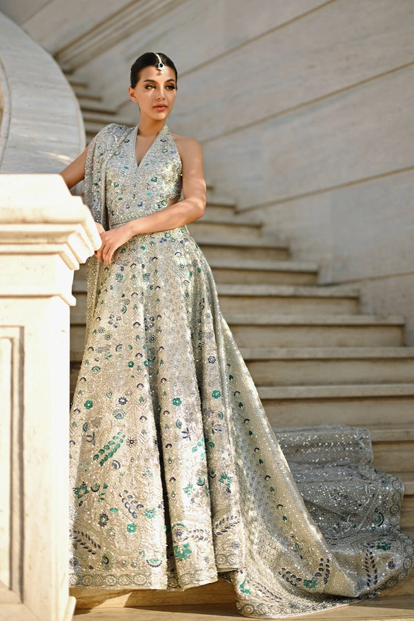 halter neck bridal dress deep V neckline tissue brocade zardozi resham emerald sapphire Hammad Bespoke Official