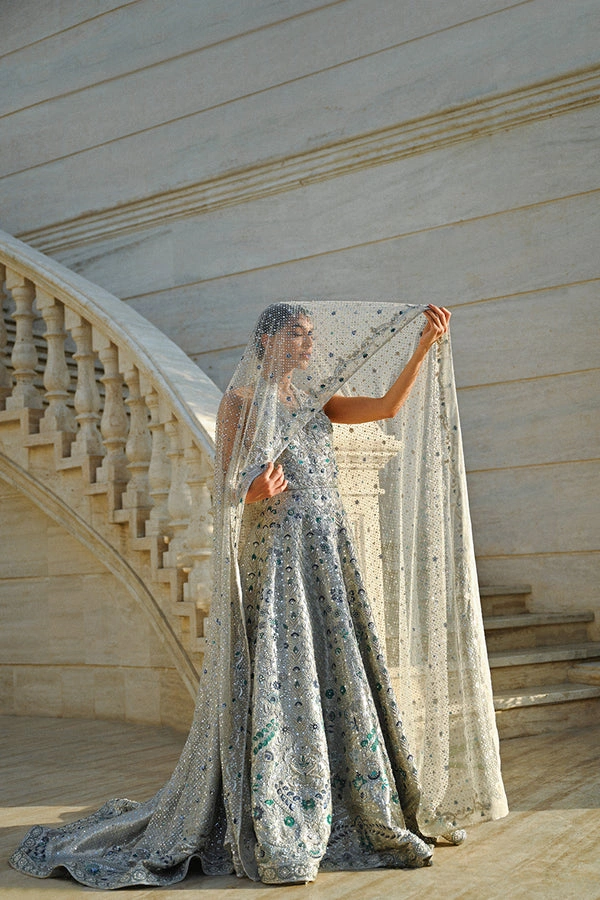 halter neck bridal dress platinum walima gown tulle veil geometric zardozi bodice Hammad Bespoke Official