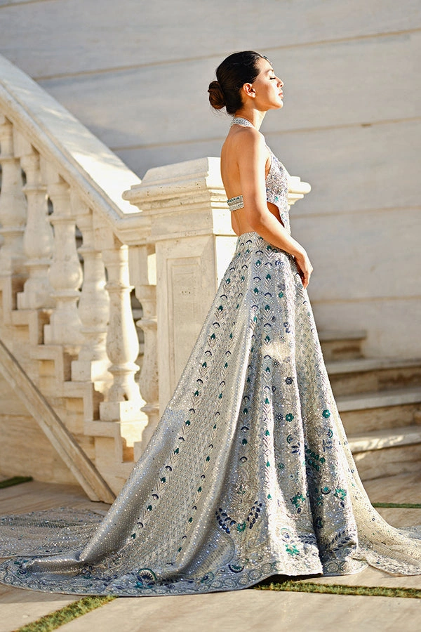 halter neck bridal dress platinum tissue zardozi emerald resham slim fit walima Hammad Bespoke Official