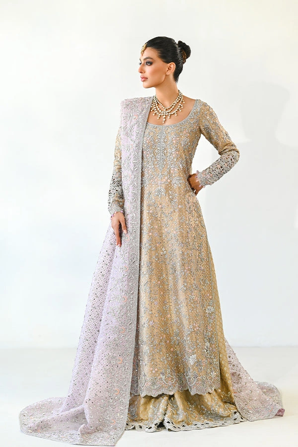 lehenga for marriage reception champagne tissue brocade A-line silhouette walima bridal Hammad Bespoke