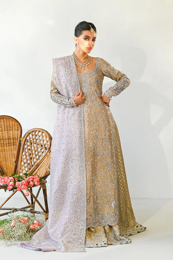 bridal lehenga for wedding reception open-front champagne tissue silver Zardozi Master Artisan Multan