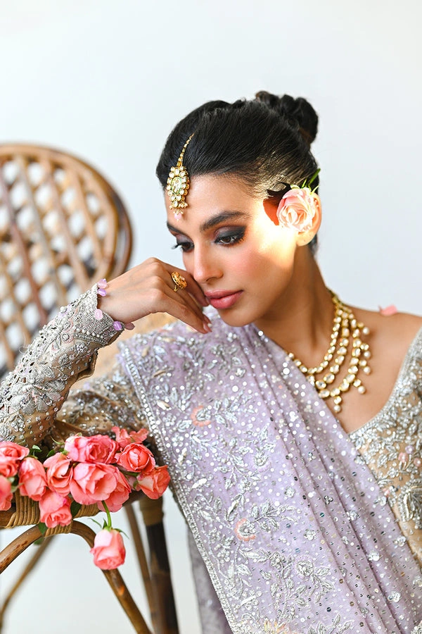 lehenga for marriage reception Resham peach lilac floral embroidery tissue bodice Hammad Bespoke Official
