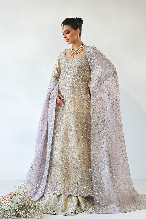 lehenga for marriage reception slim-fit tissue shirt brocade skirt lilac organza dupatta bridal reception
