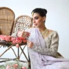 lehenga for marriage reception champagne tissue silver Zardozi lilac dupatta Hammad Bespoke Official
