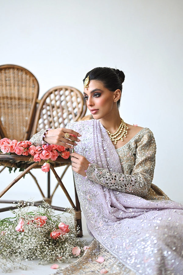 lehenga for marriage reception champagne tissue silver Zardozi lilac dupatta Hammad Bespoke Official