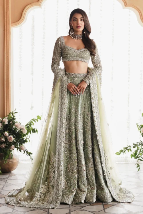 sage green lehenga full length front barat bridal net skirt Zardozi silver embroidery Hammad Bespoke Official