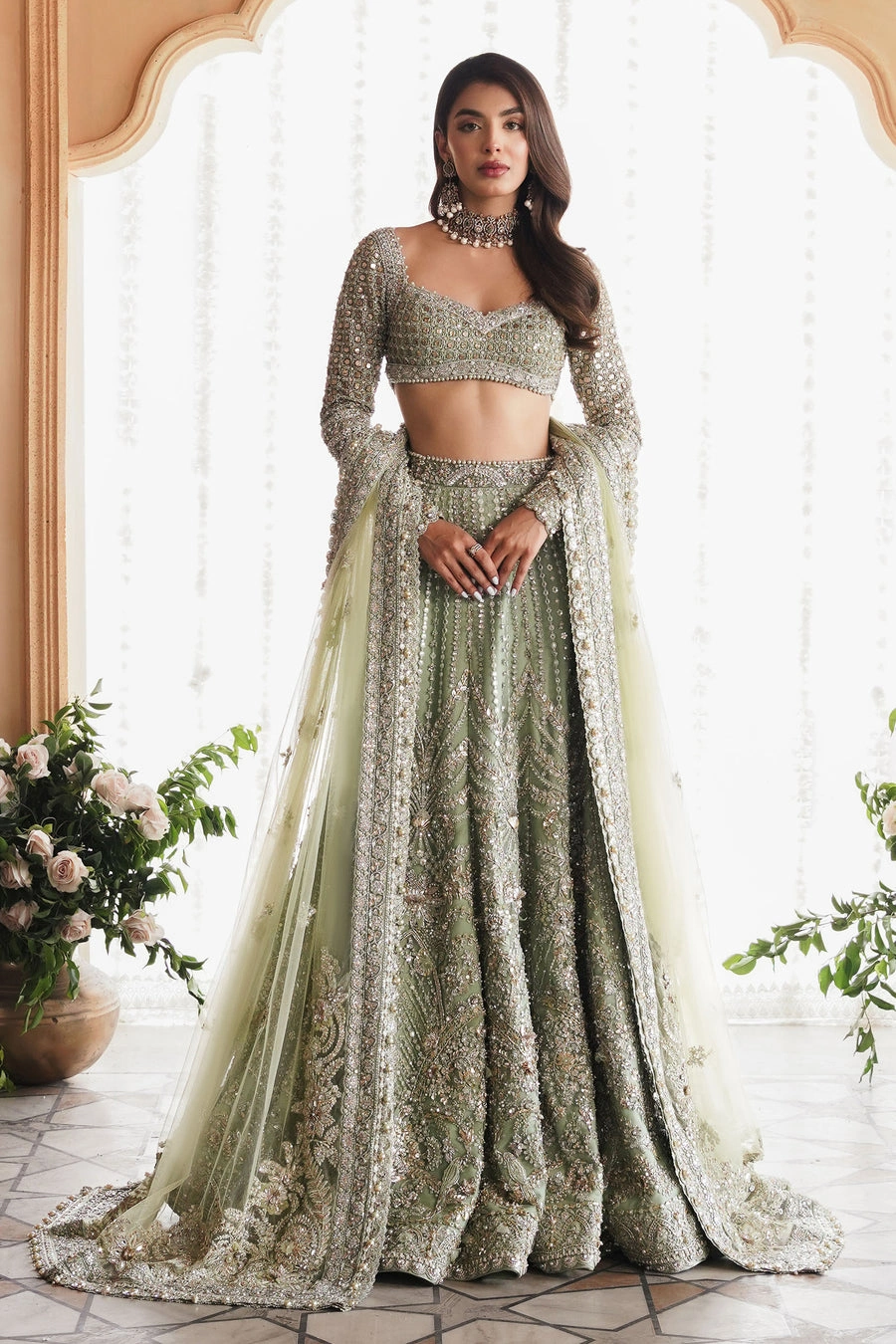 sage green lehenga full length front barat bridal net skirt Zardozi silver embroidery Hammad Bespoke Official