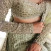 sage green lehenga bustier choli encrusted sequin Gota geometric lattice crystal pearl bodice detail HBO