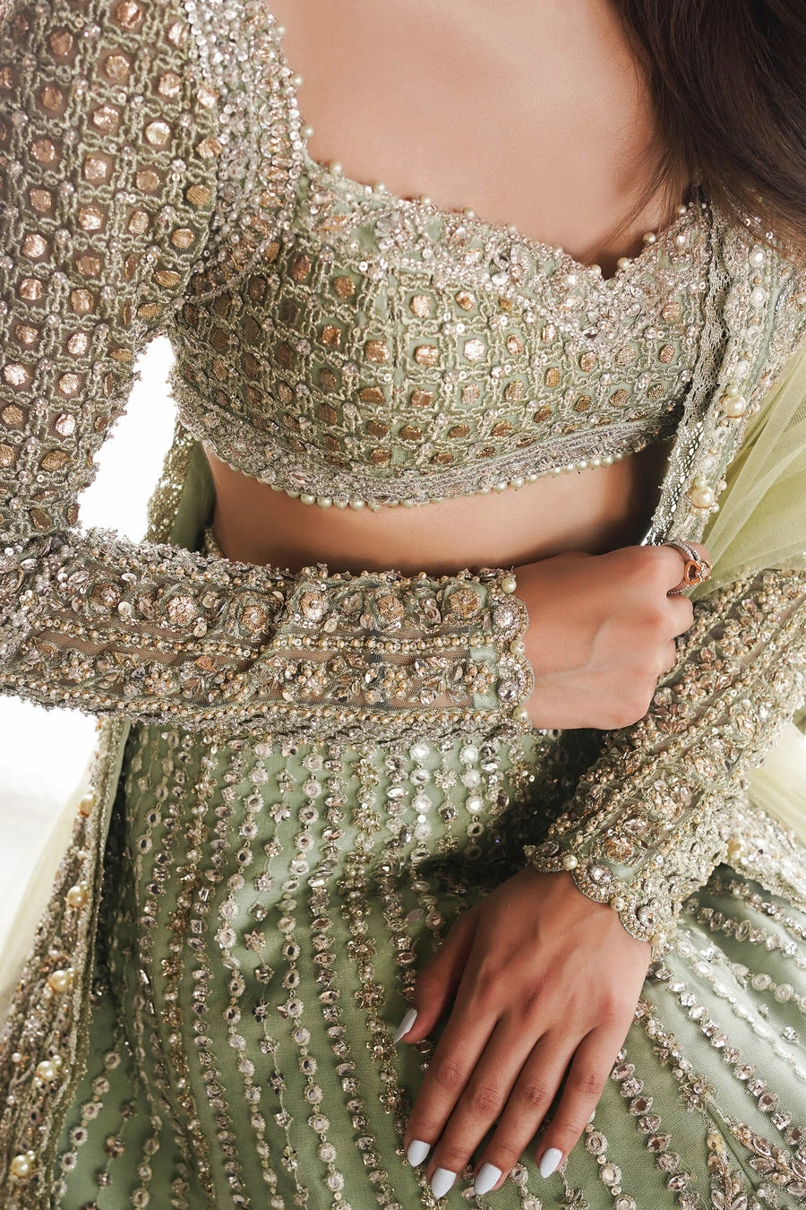 sage green lehenga bustier choli encrusted sequin Gota geometric lattice crystal pearl bodice detail HBO