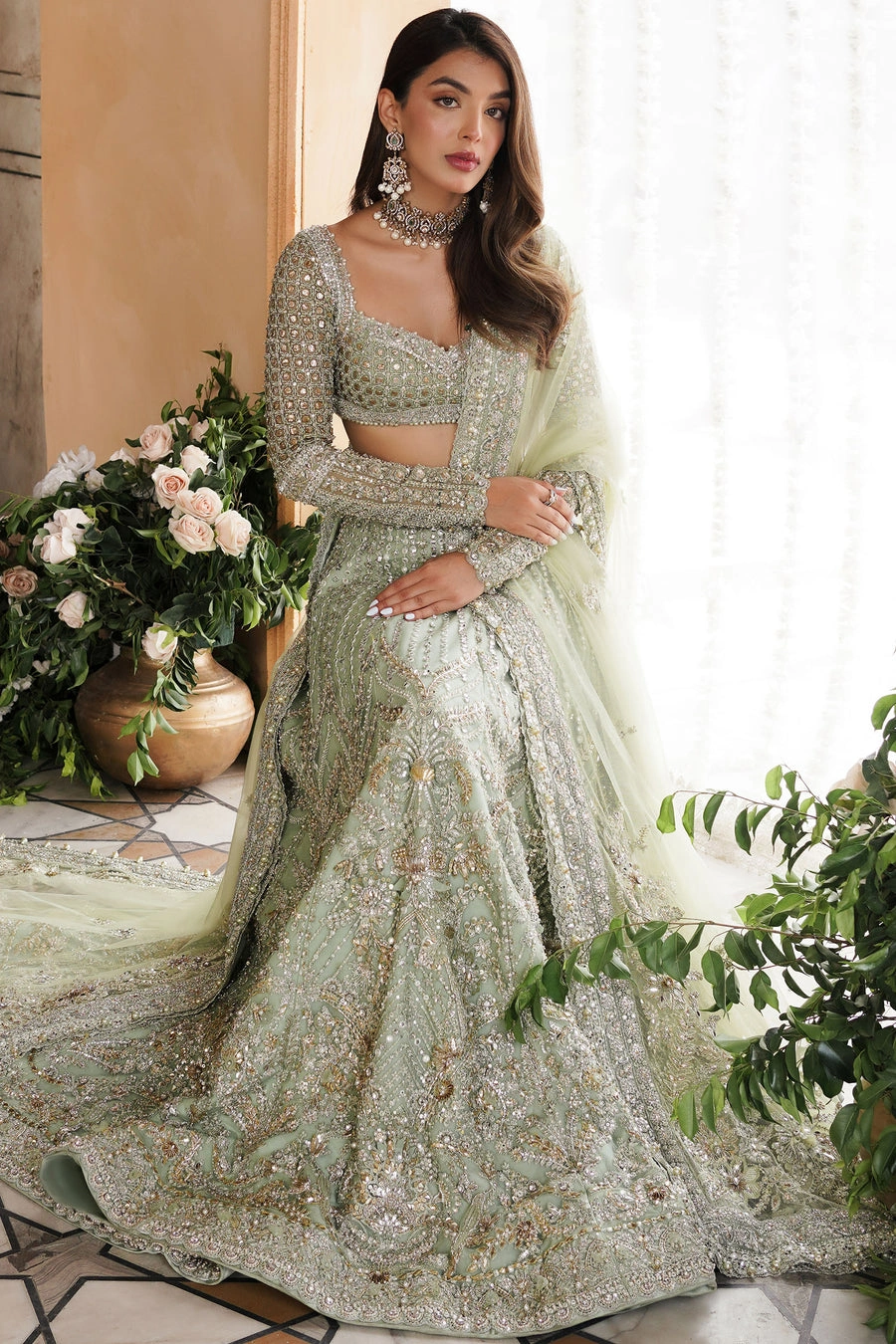 sage green lehenga overhead skirt Zardozi floral fabric appliqué crystal bead barat bridal Hammad Bespoke Official