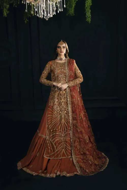 Orange lehenga for wedding — rust farshi with embroidered dupatta, Zardozi Dabka handwork, Hammad Bespoke Official Atelier