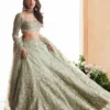 sage green lehenga full barat silhouette A-line farshi net skirt crystal embellishment Multan Atelier