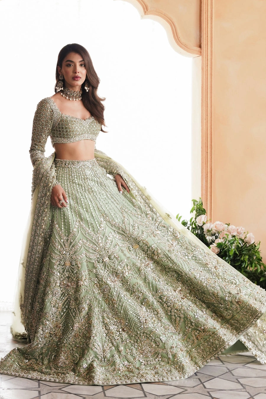 sage green lehenga full barat silhouette A-line farshi net skirt crystal embellishment Multan Atelier