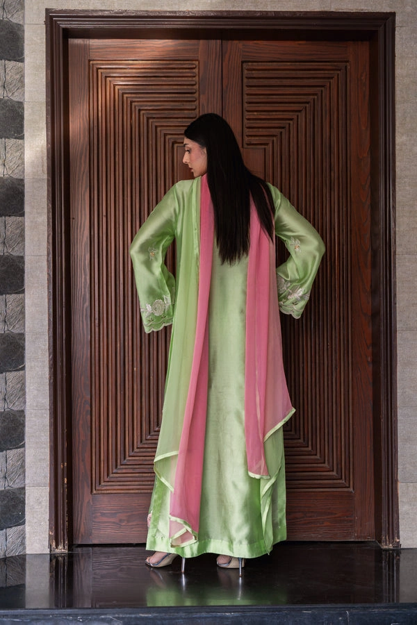 pakistani party wear suit mint green silk dupatta two-tone pink full length back view Hammad Bespoke Official