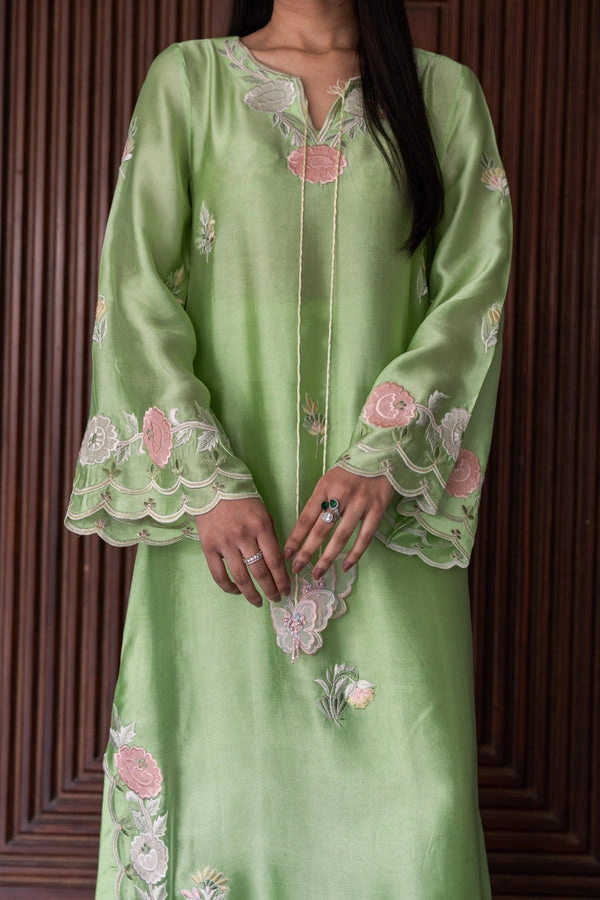 pakistani party wear suit mint silk kurta resham butterfly appliqué bell sleeve cuff Hammad Bespoke Official