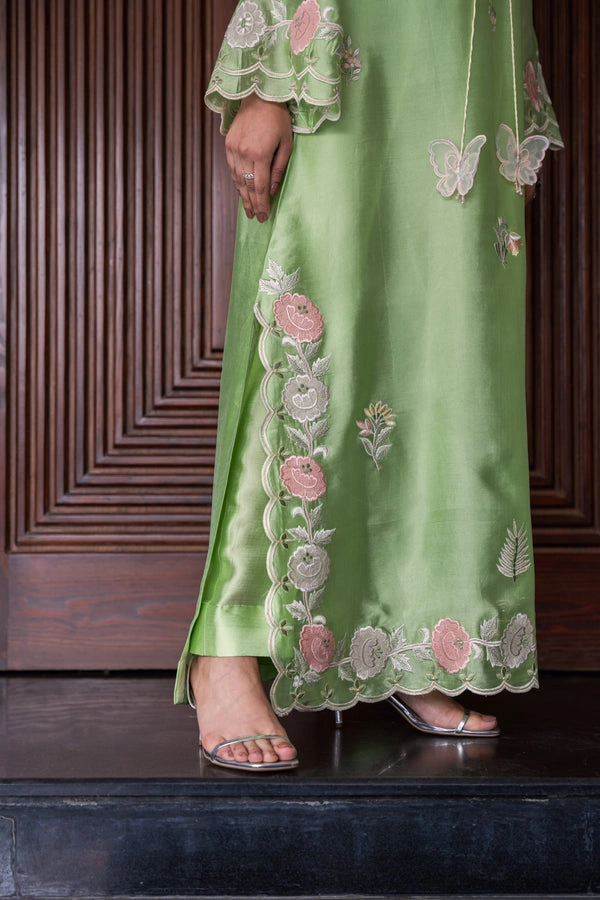 pakistani party wear suit mint green flared pants resham embroidered hem scalloped border Master Artisan Hammad Bespoke Official
