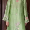 pakistani party wear suit mint green silk resham appliqué back neckline scalloped sleeves Hammad Bespoke Official