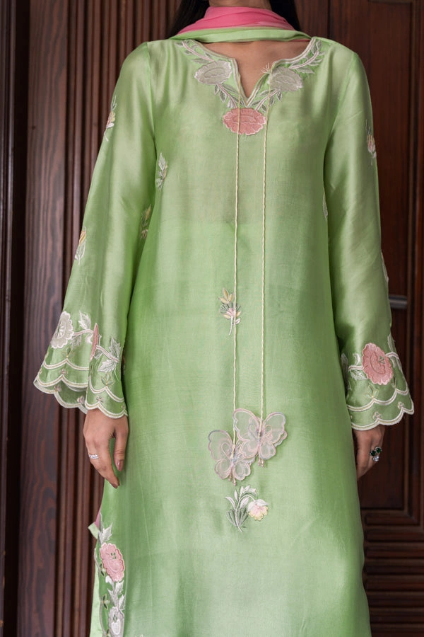 pakistani party wear suit mint green silk resham appliqué back neckline scalloped sleeves Hammad Bespoke Official
