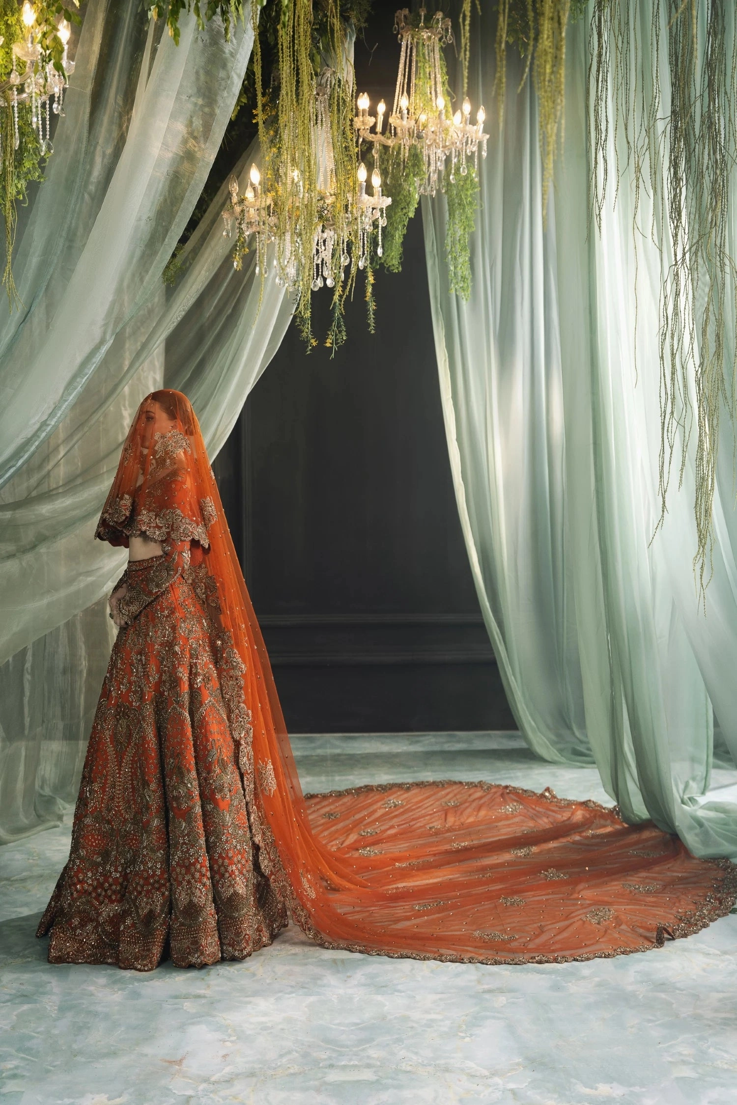 Pakistani suits — bridal lehenga with embellished dupatta by Hammad Bespoke Official