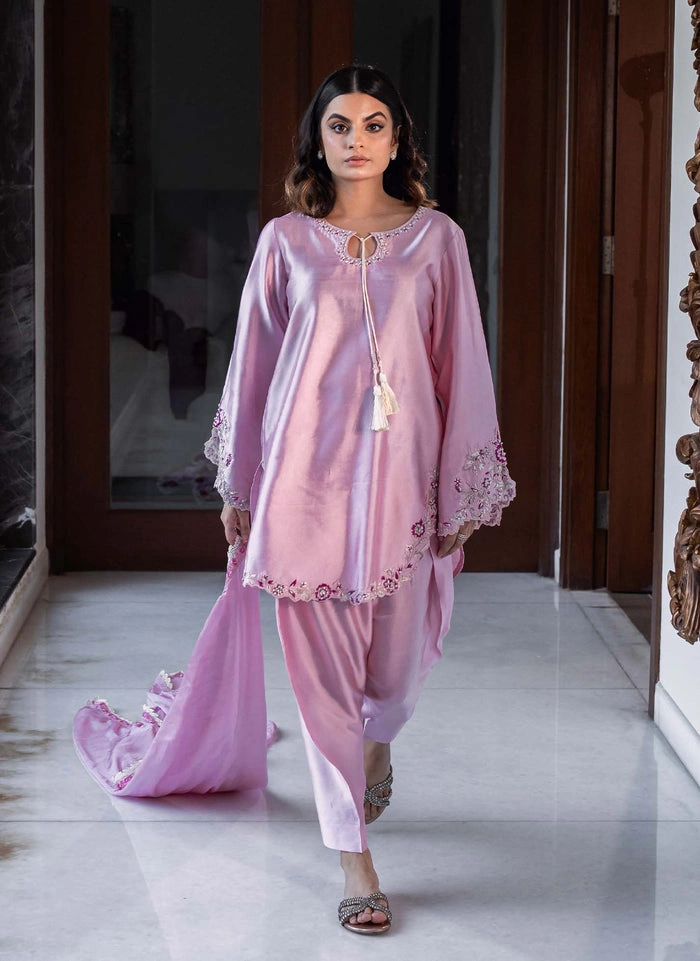 silk kurta for women baby pink scalloped hem embroidered cuffs raw silk three-piece Hammad Bespoke Official