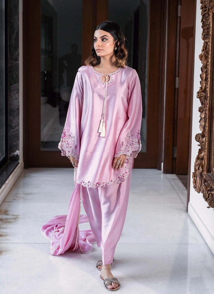 silk kurta for women three-piece raw silk set khari shalwar silk dupatta atelier party wear Hammad Bespoke Official