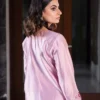 silk kurta for women baby pink raw silk scalloped embroidered cuffs back view Hammad Bespoke Official