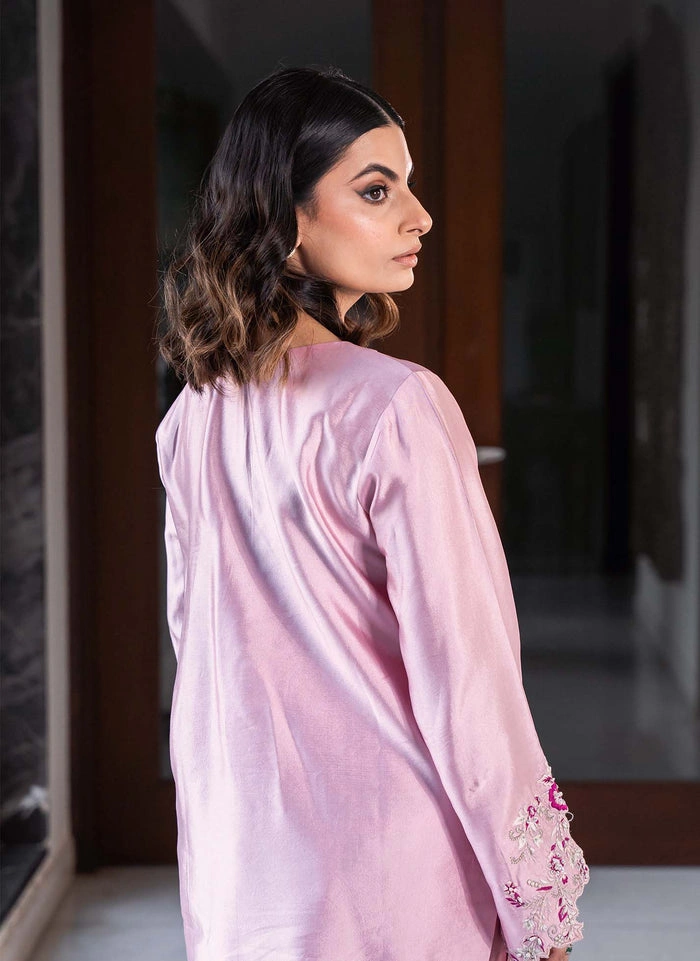 silk kurta for women baby pink raw silk scalloped embroidered cuffs back view Hammad Bespoke Official