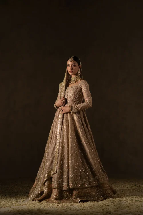 dusty fawn bridal anarkali zari net peshwas tissue lehenga front view Hammad Bespoke Official