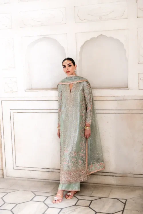 mint green embroidered suit three quarter view lamé shirt formal Pakistani Multan Master Artisan