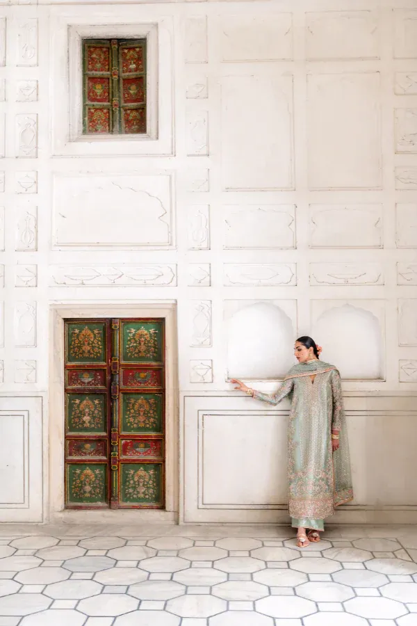 mint green embroidered suit with floral Resham detail and Mukaish dupatta Pakistani formal wear