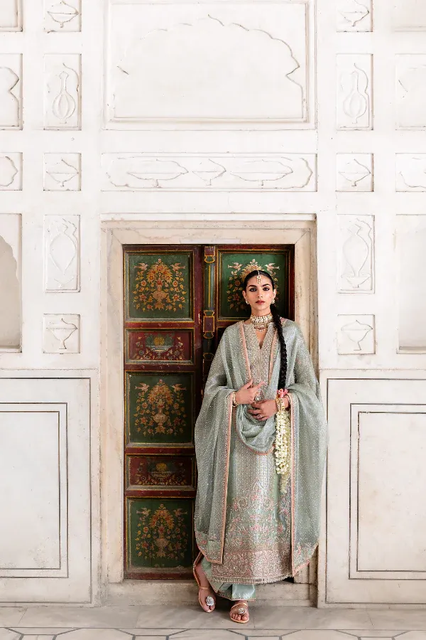 mint green lamé formal suit with Mukaish spray zari net dupatta hand-embroidered Multan Pakistan