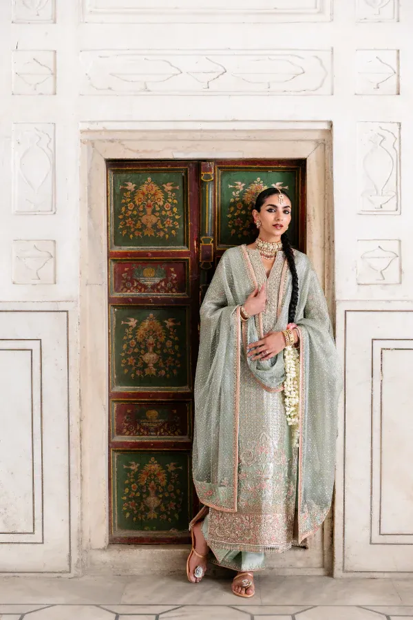 mint green embroidered suit Hammad Bespoke Official lamé Mukaish zari net dupatta Multan atelier formal
