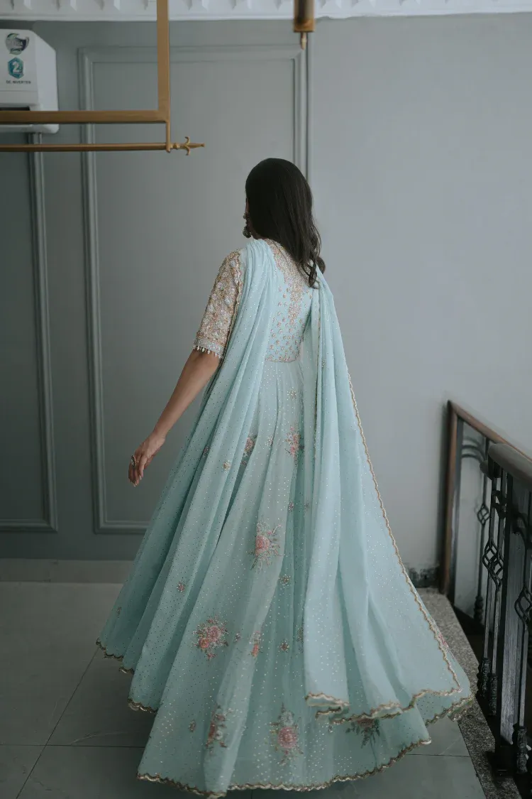 light blue anarkali dress back view scalloped dupatta chiffon Hammad Bespoke Official