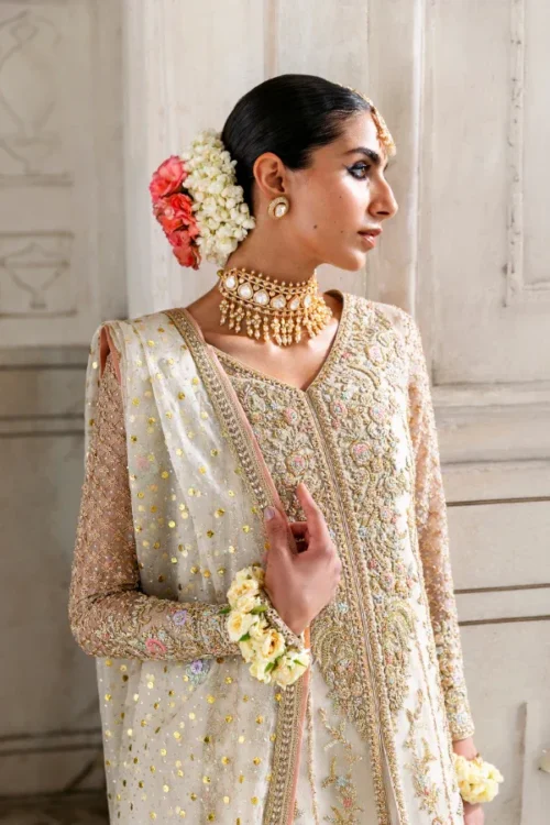 ivory net organza mukaish suit Pakistani formal wear three-piece Hammad Bespoke Official Multan
