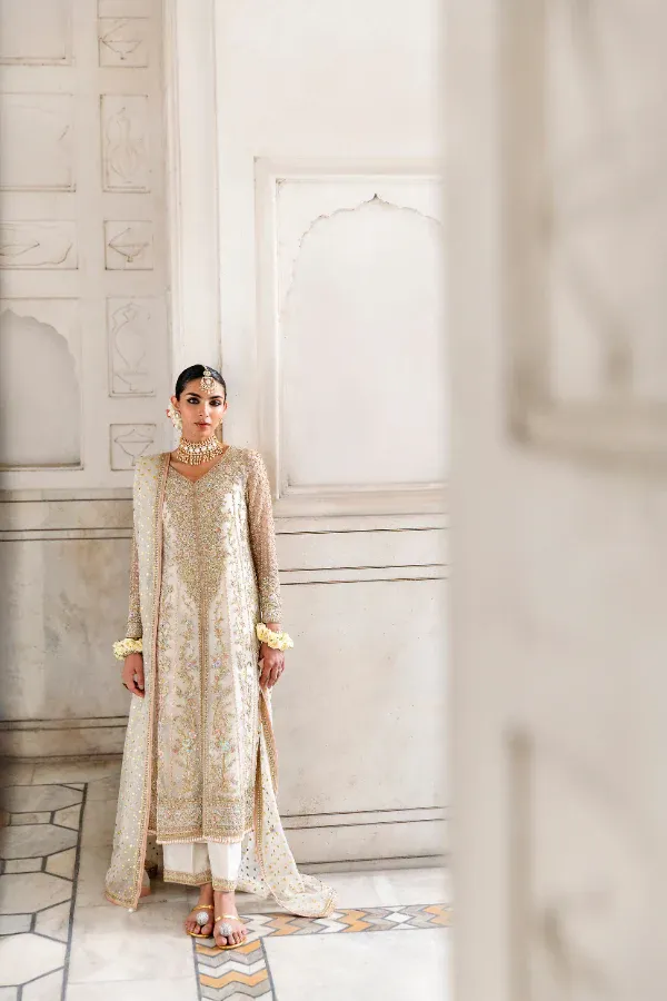ivory mukaish suit Pakistani formal wear Multan Master Artisan hand-embellished net organza