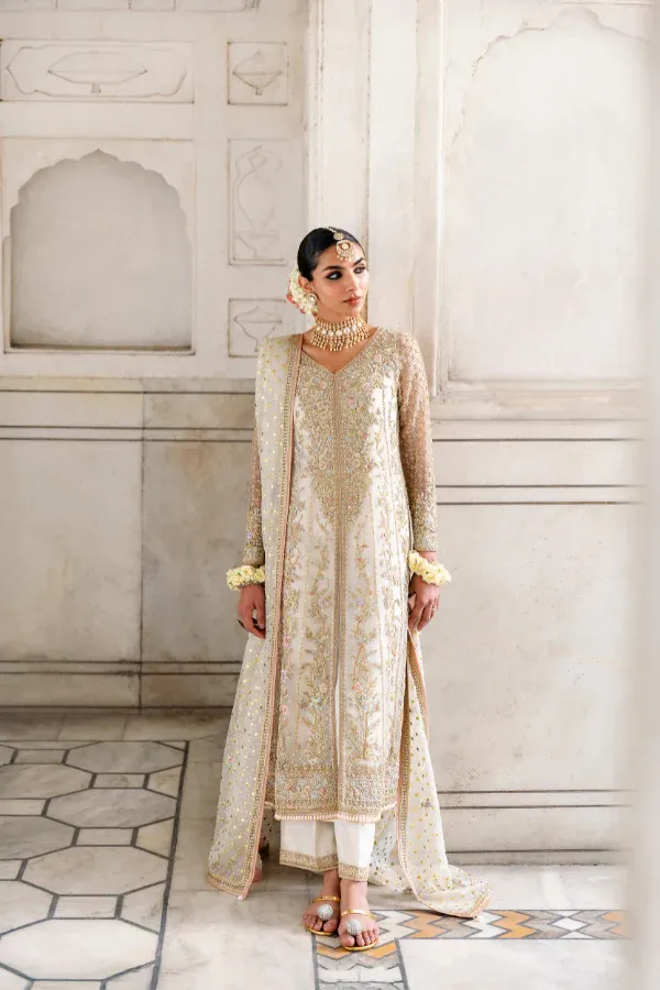 mukaish work suit ivory organza Pakistani nikkah walima formal Hammad Bespoke Official atelier